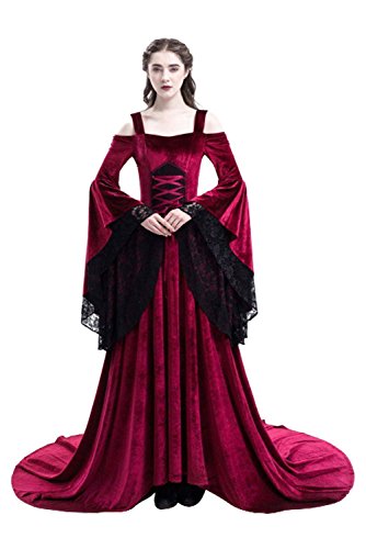 Acheter Halloween Medieval Lace Epaule Nu Robe de Soiree Deguisement Reine Longue Robe avec Manches Flares chez AMAZON.FR